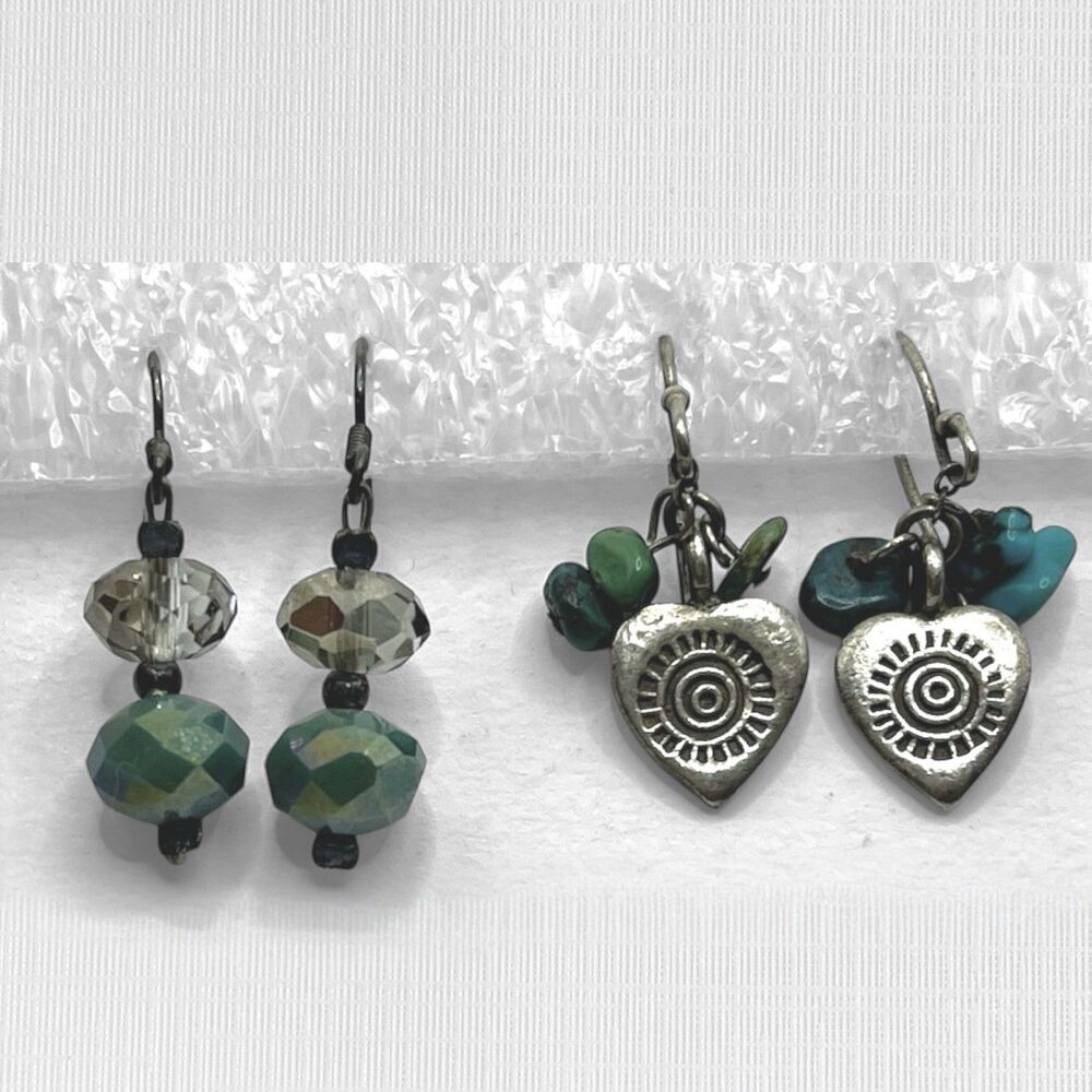 VTG Dangle Earrings Turquoise Blue Green Crystal Silver Tone Hearts Suns Patina